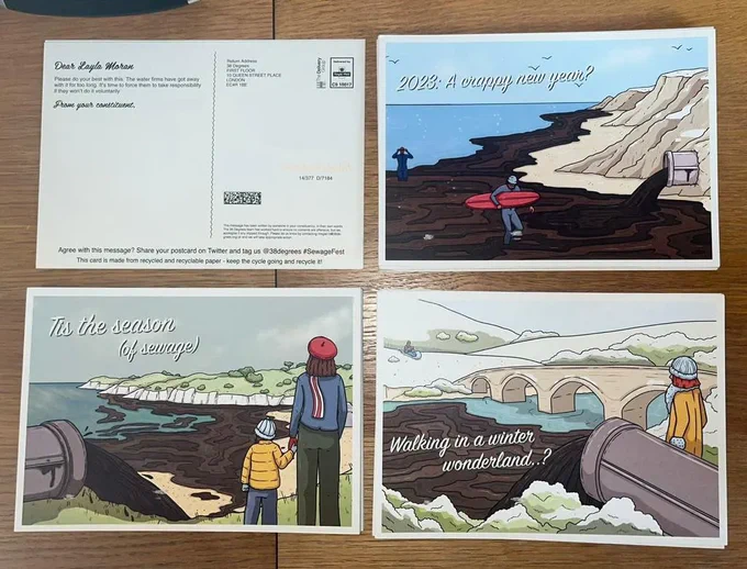 Postcards showing cartoons of countryside flooded with brown sewage