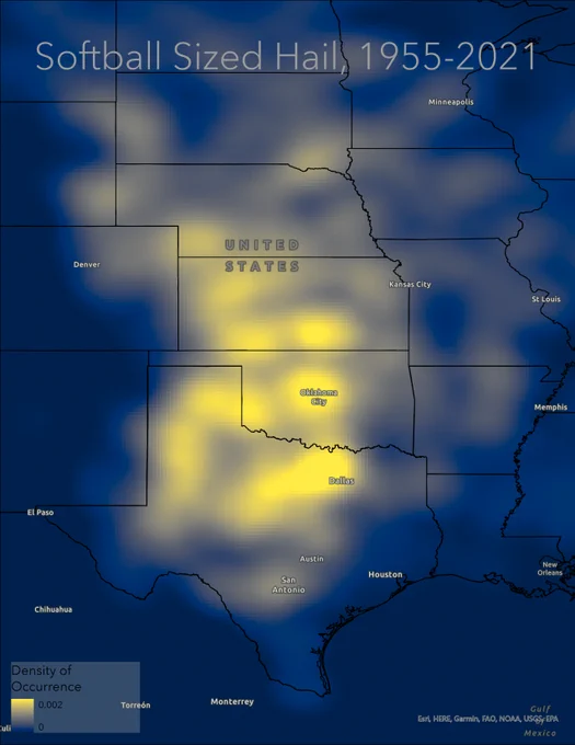 Heat map of the frequency of softball-sized hail in the central US from 1955-2021.