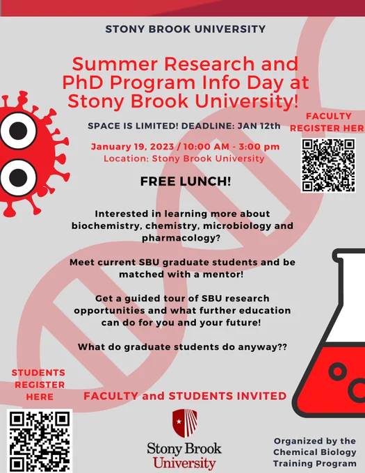 Poster for Event. Reads "Summer Research and PhD Program Info Day at Stony Brook University. Space is limited! Deadline Jan 12th. Free Lunch! Interested in learning more about biochemistry, chemistry, microbiology and pharmacology? Meet current SBU graduate students and be matched with a mentor. Get a guided tour of SBU research opportunities and what further education can do for you in the future. What do graduate students do anyway? Faculty and students invited. Organized by the Chemical Biology Training Program.