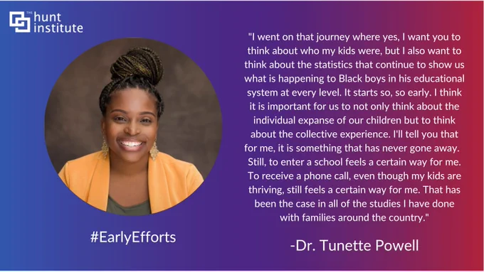 "I went on that journey where yes, I want you to think about who my kids were, but I also want to think about the statistics that continue to show us what is happening to Black boys in his educational system at every level. It starts so, so early. I think it is important for us to not only think about the individual expanse of our children but to think about the collective experience. I'll tell you that for me, it is something that has never gone away.  Still, to enter a school feels a certain way for me. To receive a phone call, even though my kids are thriving, still feels a certain way for me. That has been the case in all of the studies I have done with families around the country."