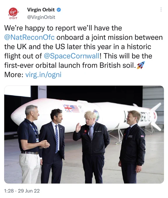 a tweet by Virgin Orbit using the same photo but without having photoshopped out BoJo