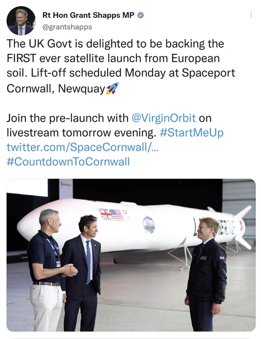 a tweet by Grant Shapps MP, where he's standing in front of a rocket with a very obviously photoshopped gap in it that's about the size of a straw-haired buffoon-chancer