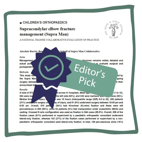 Abstract text for article titled 'Supracondylar elbow fracture management (Supra Man)'. Editor's Pick stamp.