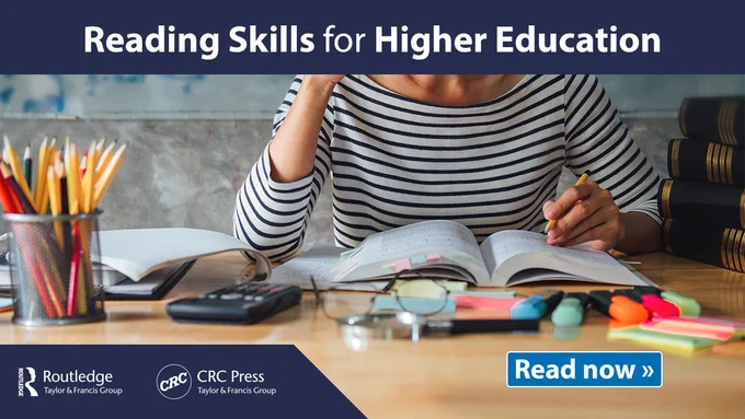 Title: Reading Skills for Higher Education. Picture is A lady in stripy top reading and studying an opening book.