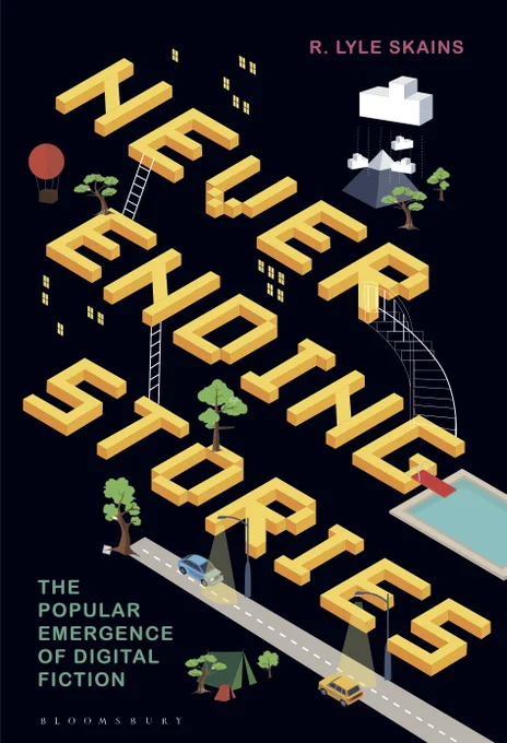 Cover art for the book featuring the words "NEVER", "ENDING", and "STORIES" as different levels of a gameworld.