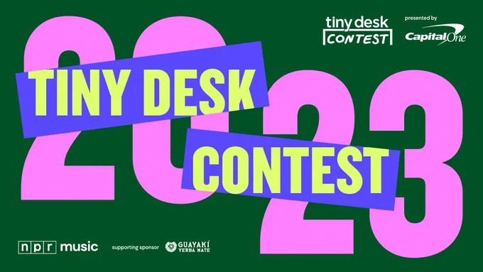 Tiny Desk Contest 2023 announcement. Green background with '2023' in hot pink lettering with a blue overlay with 'Tiny Desk Contest' in neon green lettering.