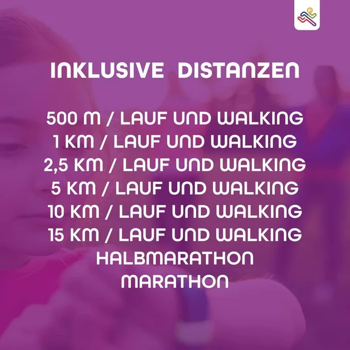 Inklusive Distanzen
Jeweils Lauf und Walking:
500m
1km
2,5km
5km
10km
15km
Sowie Halb-Marathon und Marathon 