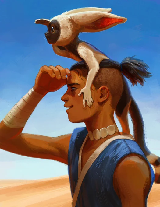 In this digital painting, we see Sokka in the desert. This is a depiction of the season 2, episode 11 “The Desert”. We see Sokka shielding his eyes to look into the distance, with Momo perched on his shoulder, copying him and also shielding his eyes to look into the distance, with his ears out behind him mimicking the shapes of Sokka’s ponytail. The sky is bright and blue, the ground in the distance is hot sand.