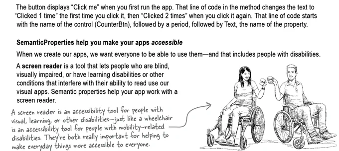 Excerpt from the upcoming Head First C#. Image of two people in wheelchairs holding coffee mugs. Text says:

SemanticProperties help you make your apps accessible
When we create our apps, we want everyone to be able to use them—and that includes people with disabilities.
A screen reader is a tool that lets people who are blind, visually impaired, or have learning disabilities or other conditions that interfere with their ability to read use our visual apps. Semantic properties help your app work with a screen reader.

Annotation pointing to people says:
A screen reader is an accessibility tool for people with visual, learning, or other disabilities—just like a wheelchair is an accessibility tool for people with mobility-related disabilities. They’re both really important for helping to make everyday things more accessible to everyone.