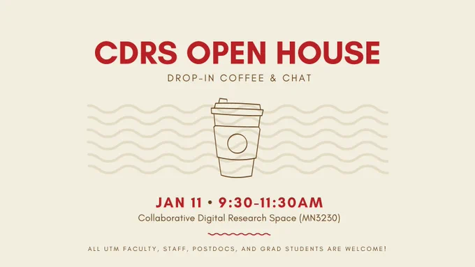 Graphic features event details and outline of a coffee cup.