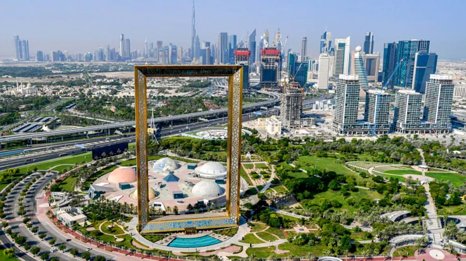 The Dubai skyline, with the 'Dubai Frame' in the foreground