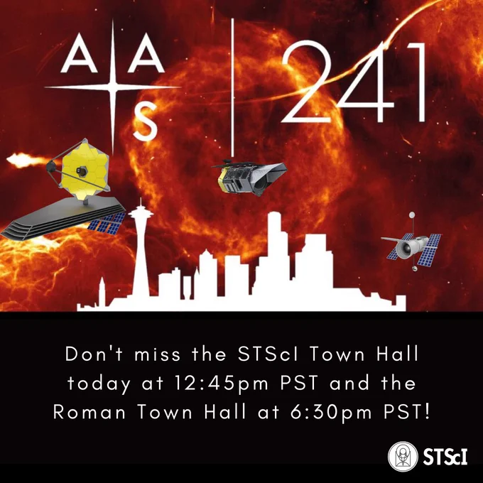 AAS 241 logo with graphics of Webb, Hubble and Roman telescopes, text states " don't miss the stsci town hall today at 12:45 pst and the Roman town hall at 6:30 PST