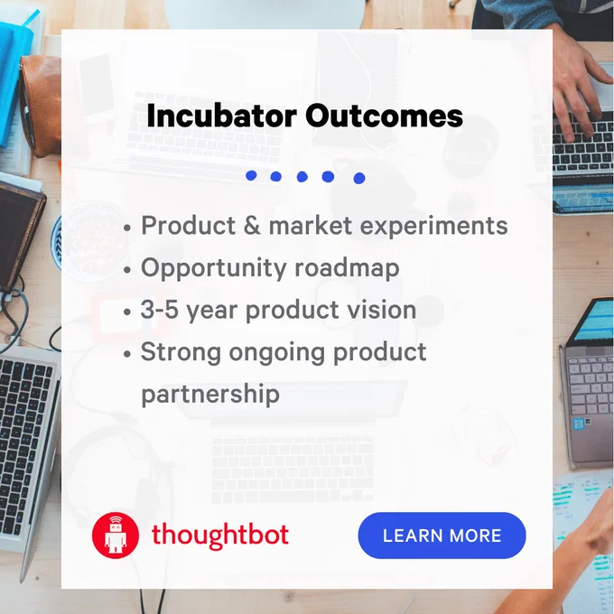 Incubator Outcomes include Product and market experiments, opportunity roadmap, multi-year vision, and a strong ongoing partnership