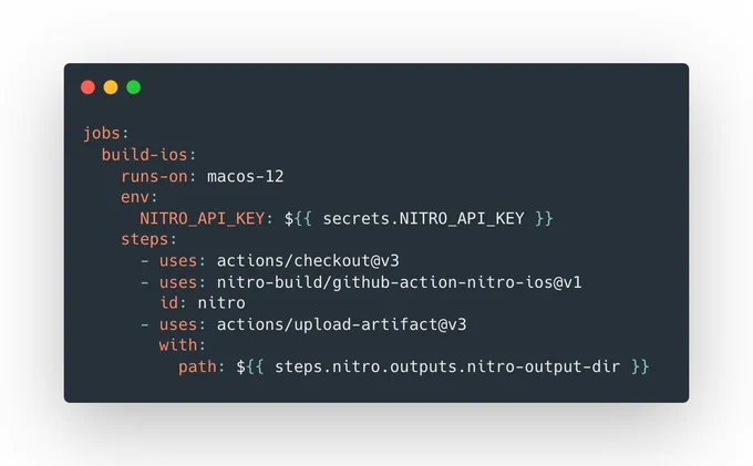 Example of a Github Action configuration file using Nitro to build and app for iOS