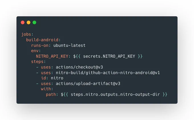 Example of a Github Action configuration file using Nitro to build and app for Android