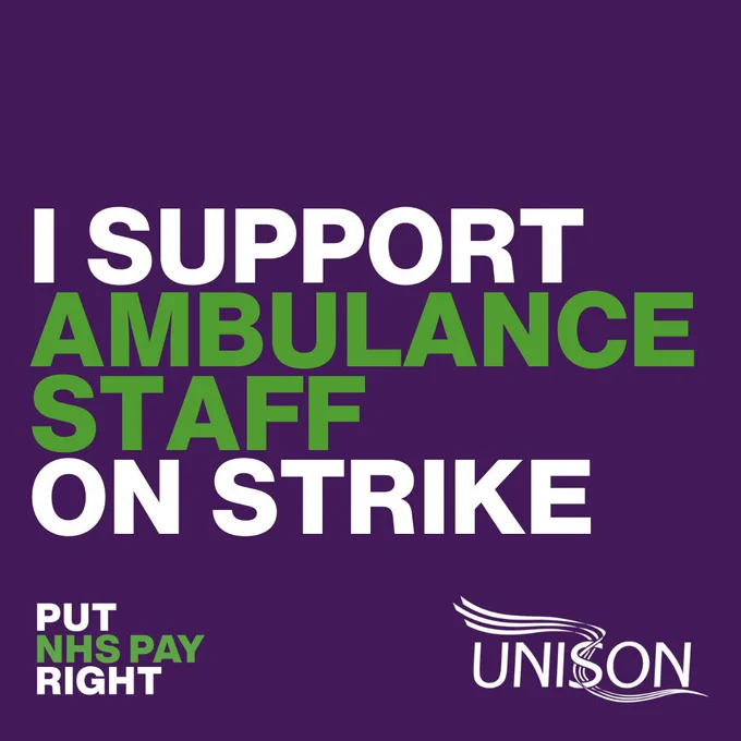 Purple background. Text reads I support ambulance staff on strike. Put NHS pay right