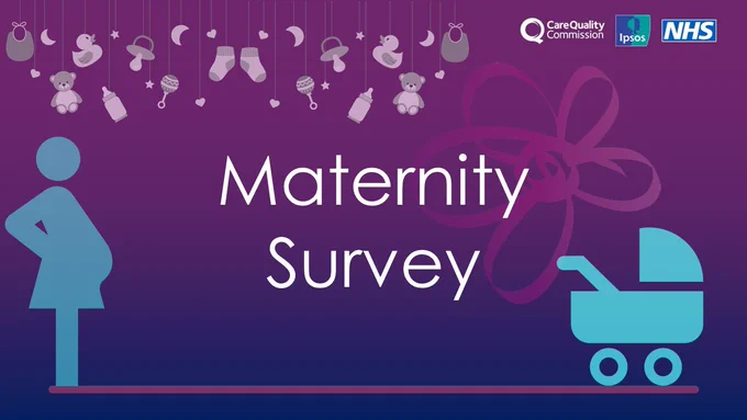 A purple and blue gradient background with large words that read maternity survey in white text, the Care quality commission logo in the top right along with IPSOS and NHS logo, there are icons of somebody who is pregnant and a push chair for decoration.