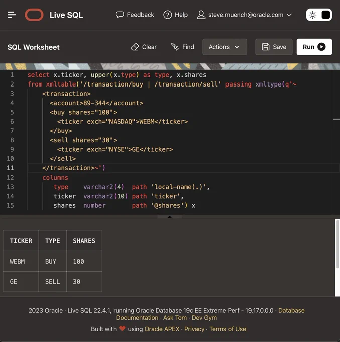 LiveSQL worksheet showing a query using an XML document in the new dark mode.