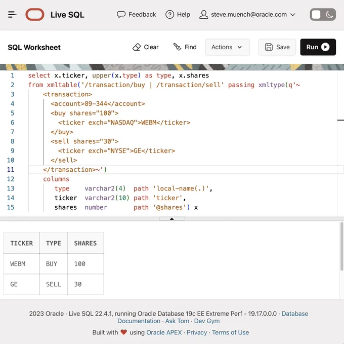 LiveSQL worksheet showing a query using an XML document in the original light mode.
