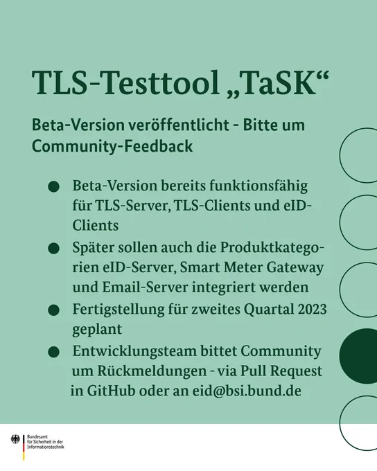 Texttafel mit dem Inhalt: Die bereitgestellte Beta-Version ist bereits funktionsfähig für TLS-Server, TLS-Clients und eID-Clients. Später sollen auch die Produktkategorien eID-Server, Smart Meter Gateway und Email-Server integriert werden. Die Fertigstell