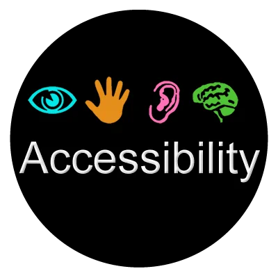 Accessibility Logo - black circle with the word 'accessibility' in white text with four different coloured logos above indicating different areas of accessibility needs.