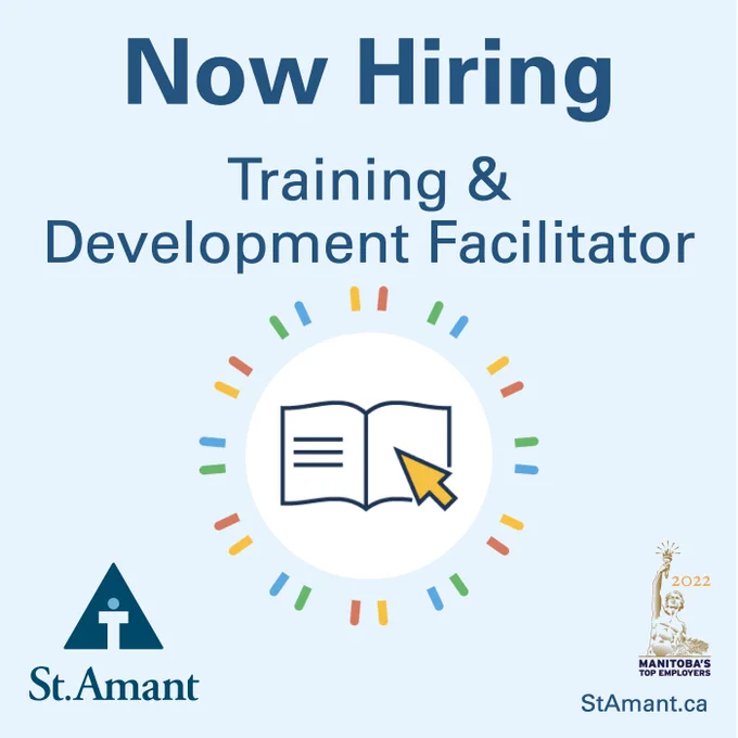 Text: Now Hiring. Training and Development Facilitator. stamant.ca.
Image: A graphic of an open book with a giant cursor arrow covering half of a page. Colourful rays surround the graphic in a circle border.
Image: St.Amant logo in the corner. Manitoba's Top Employers 2023 logo is in the opposite corner.