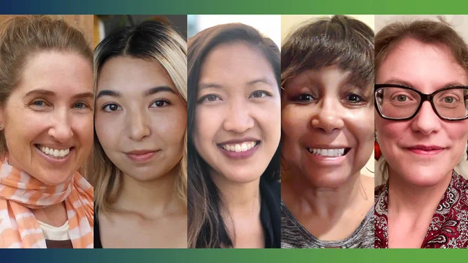 Horizontal photo of a collage of N A S W grantees Bjorn, Bloom, Tsai, Newsome, and Oliver.