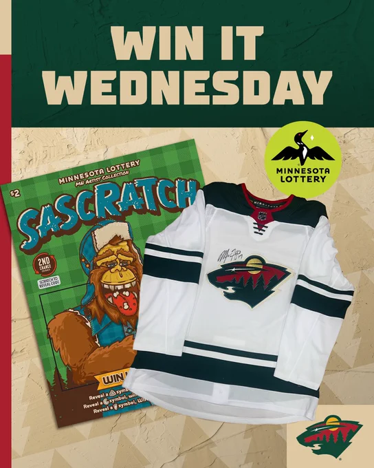 Win it Wednesday graphic with scratch tickets, and Marcus Foligno white jersey 