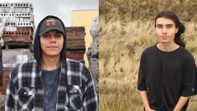 Collage of two portraits: a teen with a ball cap and plaid hoodie, pulled up, standing in front of building materials. A medium shot of a long-haired teen standing in a field of dry grass. 