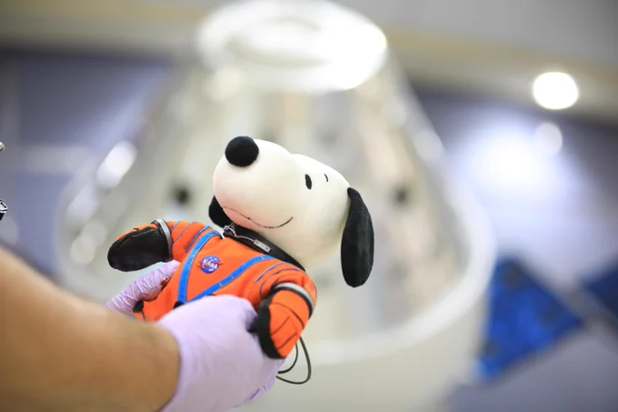 A member of the payloads team holds the Snoopy doll inside the lobby of the Neil Armstrong Operations and Checkout Building at NASA’s Kennedy Space Center on Jan. 5, 2023, after unpacking the doll from his transport case. Snoopy is wearing an orange flight suit and is smiling in the pair of gloved hands. A model of the Orion spacecraft can be glimpsed in the background. Credit: NASA/Isaac Watson