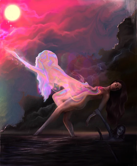 ‘Cayendo’
spanish to english translation:
 falling; to fall

my depiction of the duality of existence. that feeling we have in our hearts when we face and acknowledge our sorrow, but realize we can only let ourselves fall into the darkness so long before we begin to feel like we’re drowning. a constant battle between light & darkness, both being a part of us at all times. no matter how much life, grief, pain, trauma, depression and anxiety can cause us to feel hopeless, our spirit & heart is always capable of getting us through those hardships. no matter how lifeless you feel in those moments of darkness, know that light will always exist and it is always in close reach.
A wise woman once said, "Even though you are not ready for the day, it cannot always be night".