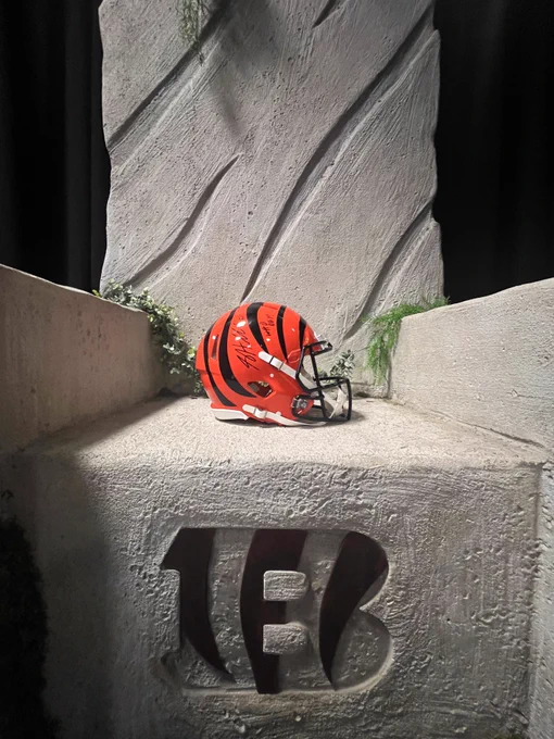 Orange helmet signed by Sam Hubbard sitting on the throne.