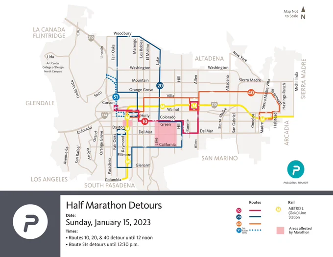 Map of Pasadena Transit detours during Rose Bowl Half Marathon & 5K