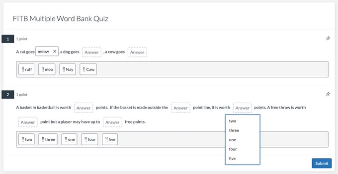 A screenshot of FITB Multiple Word Bank Quiz in Canvas LMS