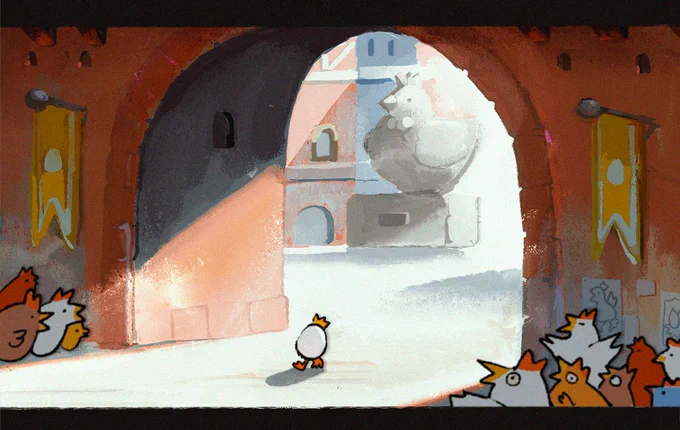 a painting of an egg with a crown (the egg king) strolling beneath a bridge, past some cheering chickens (his loyal subjects)