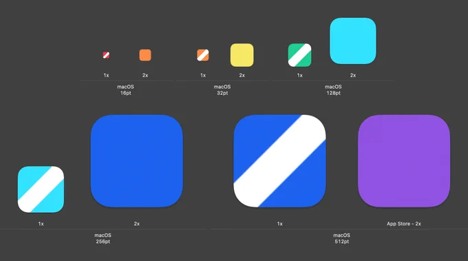 The Xcode interface, showing all the Mac app icon sizes bundled with an app
