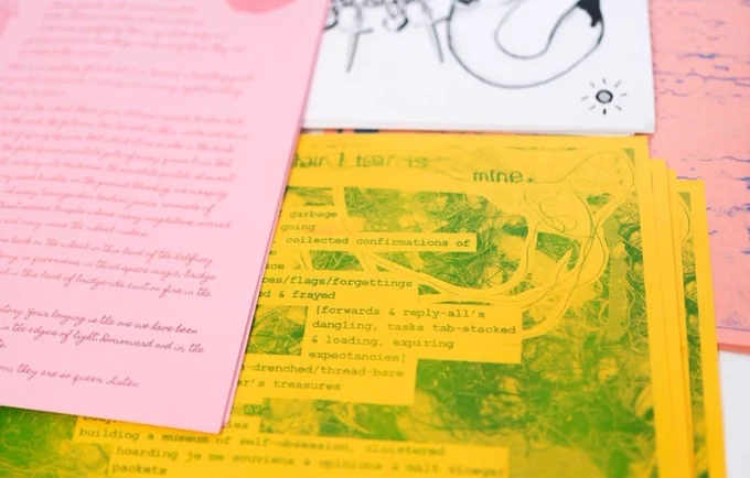 Riso-graphed, and silkscreened broadsheet publications by Estraven Lupino Smith, Otis Elevator Ashatabula Bell, Carly Pokoradi, and Sarah Lum, through Hammock Residency Press, 2021⁠. ‘to be held and holding’ Nov 5-11, 2021 was co-curated and co-facilitated by Zandi Dandizette and Hammock Residency⁠. Image by Sara Pimentel.