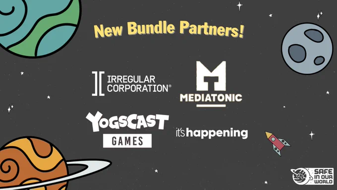 A grey space background with illustrated stars and planets and a SIOW logo in the bottom right. In yellow, title text reads 'New Bundle Partners!'. Beneath are 4 logos: Irregular Corporation, Mediatonic, Yogscast Games & its happening.