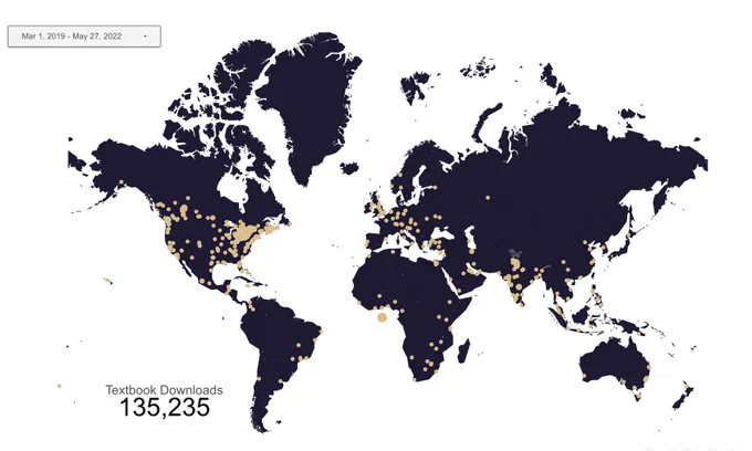 A screenshot of the Learner Savings Map indicating where in the world users have downloaded OER from the Open Library