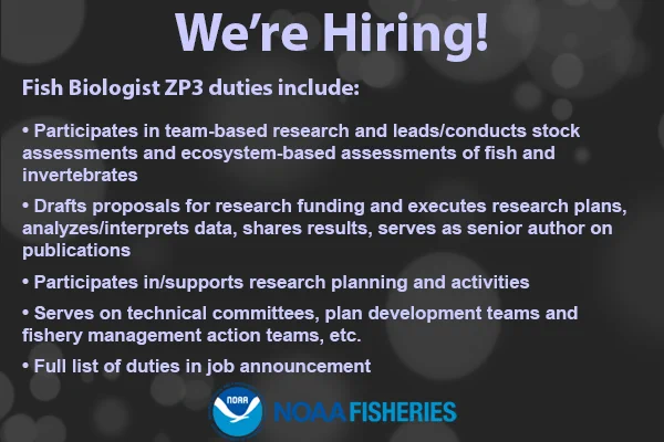 “We’re Hiring! Fish Biologist ZP 3 duties include:” list of duties, more duties in the announcement link. NOAA Fisheries logo.
