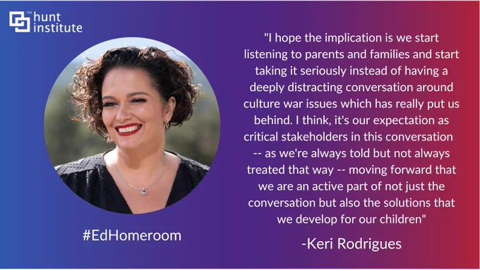 "I hope the implication is we start listening to parents and families and start taking it seriously instead of having a deeply distracting conversation around culture war issues which has really put us behind. I think, it's our expectation as critical stakeholders in this conversation  -- as we're always told but not always treated that way -- moving forward that we are an active part of not just the conversation but also the solutions that we develop for our children"