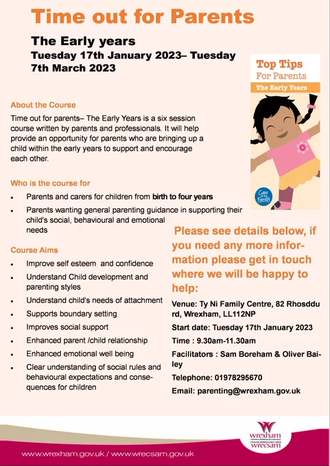 Time out for Parents
The Early years 
Tuesday 17th January 2023– Tuesday 7th March 2023
About the Course 
Time out for parents– The Early Years is a six session course written by parents and professionals. It will help provide an opportunity for parents who are bringing up a child within the early years to support and encourage each other.
Who is the course for 
Parents and carers for children from birth to four years 
Parents wanting general parenting guidance in supporting their child's social, behavioural and emotional needs
Course Aims 
Improve self esteem  and confidence 
Understand Child development and parenting styles 
Understand child's needs of attachment
Supports boundary setting 
Improves social support
Enhanced parent /child relationship
Enhanced emotional well being 
Clear understanding of social rules and behavioural expectations and consequences for children
Please see details below, if you need any more information please get in touch where we will be happy to help: 
