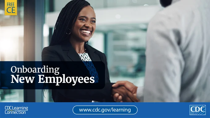 Woman shaking hands with colleague. Text says, Onboarding New Employees.