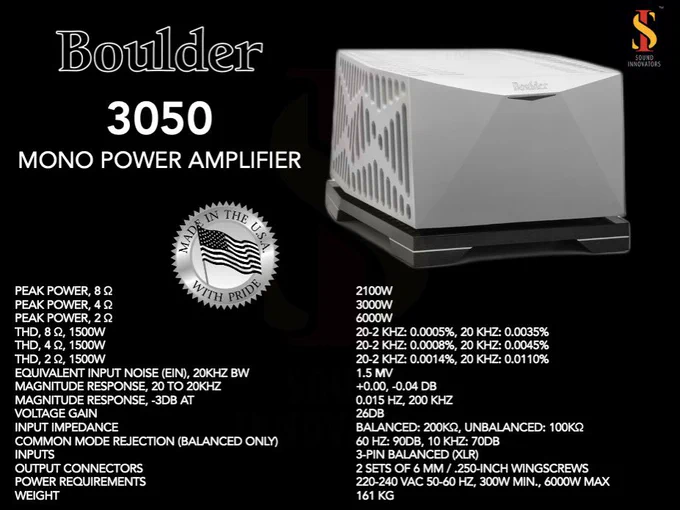 Boulder 
3050 MONO Power Amplifier 

The Boulder 3050 Mono Amplifier, is Boulder's flagship & most potent, largest, and most luxurious product in over 30 years of sound system design. These are Boulder’s premier power amplifiers, the unmistakable peak of Boulder abilities.