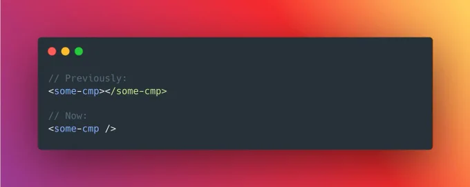 A code snippet demonstrating implementation of Self-Closing Component Tags in Angular v15.1