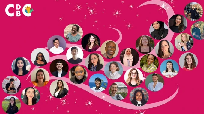 Graphic with all moderators' headshots in circles spread out across the canvas. Graphique avec les portraits de tous les modérateurs dans des cercles répartis sur la toile.