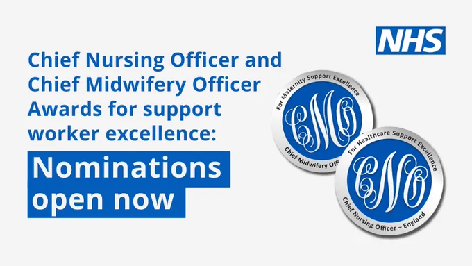 Image of CNO and CMidO badges with the text 'Chief Nursing Officer and Chief Midwifery Officer Awards for support worker excellence. Nominations open now.'