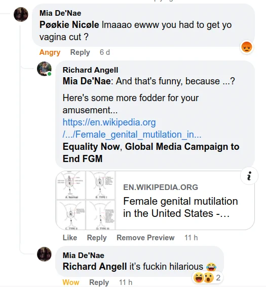 What pervert thinks is hilarious: https://en.wikipedia.org/wiki/Female_genital_mutilation_in_the_United_States