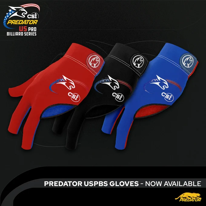 Predator Cues' USPBS Billiards Gloves, in Red, Black, and Blue.