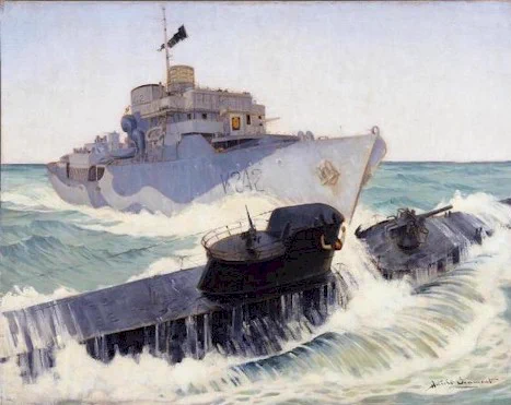 Painting from the Canadian War Museum of HMCS Ville de Québec ramming U-Boat U-224. 